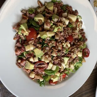 Rum soaked Apple Bacon Lettuce Tomato salad with avocado. No need to top with chicken or smother protein as it's has so much bacon!