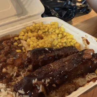 Vegan bbq ribs and corn and beans