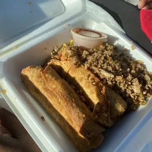 Special egg rolls with spicy chicken fried rice