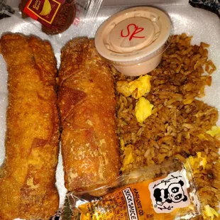 Southwest Chicken egg roll &amp; Bacon, Cheese &amp; Hash brown egg roll with the best fried rice plus it comes with &amp; a chocolate fortune cookie!