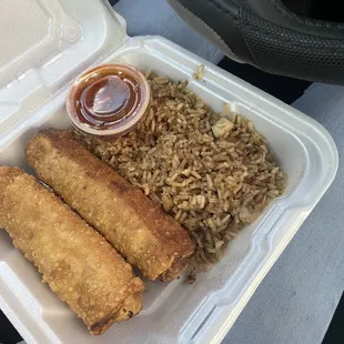 Ground turkey and chicken egg roll with fried rice.