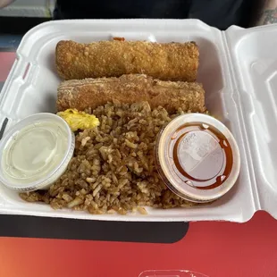 Egg roll combo with purple pork and pizza egg rolls