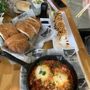 Spicy Shakshuka Platter Samurai Roll Challah Bread