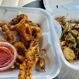 ($7.95) Fried Calamari &amp; ($7.95) Crispy Soft Shell Crab in one plate and ($18.95) Drunken Noodles with shrimp and extra noodles.