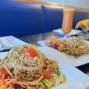 Yum woonsen salad 
Glass noodles with ground chicken. or add extra shrimp.