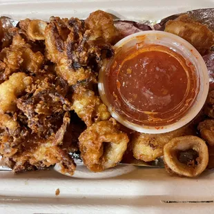 a tray of fried food