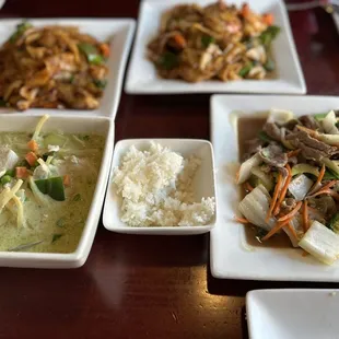 Duck Pad Thai Noodles, shrimp Pad Thai Noodles, Green Curry, Garlic Beef