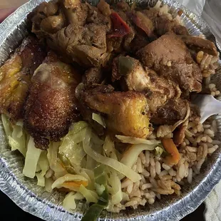 Stew Chicken Rice &amp; Beans lunch Special with plantain and cabbage.