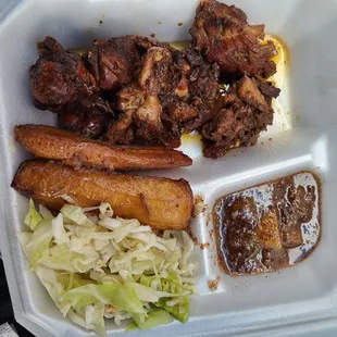 Stewed Chicken Plate w/ Cabbage,Plantains and Mango Salsa ( minus the rice and peas at my request)