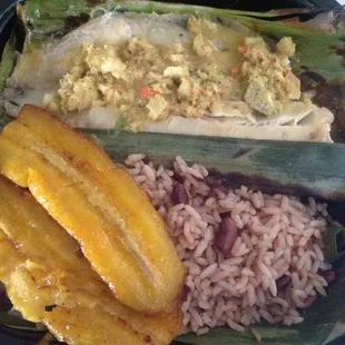 Grilled tilapia with plantain and rice &amp; peas