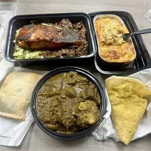 Goat Curry Roti, Jerk Salmon, Lobster Mac n Cheese &amp; Veggie Patty - all gooood!