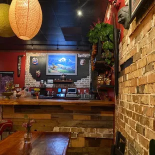 a brick wall and a bar