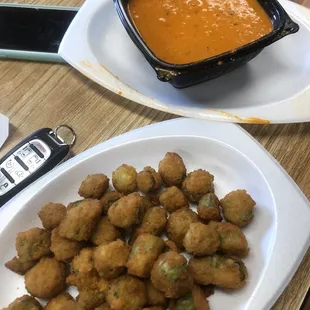 Fried okra and roasted red pepper Gouda soup