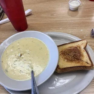 Potato soup and grilled cheese special.