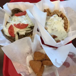 Gyro, chicken gyro minus tomato and onions, Mac and cheese bites.