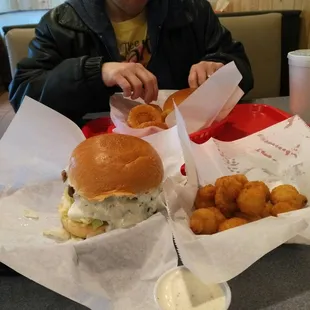 Windy City burger,fried mushrooms, mushroom Swiss burger and onion rings