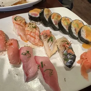 Fresh Yellowtail Sushi, Mackerel (Saba) Sushi, Chefs Special Roll, fresh salmon belly sushi and Pepper Tuna Sushi