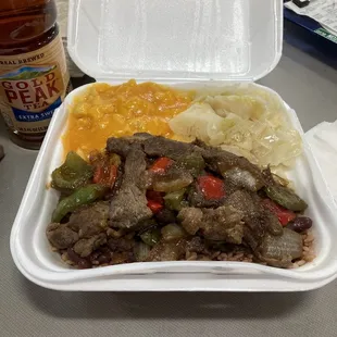 Jamaican Pepper Steak Rice &amp; Peas Cabbage Mac &amp; Cheese