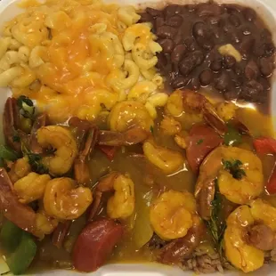 Shrimp curry plate with Mac and cheese (bomb) and red beans (also bomb).