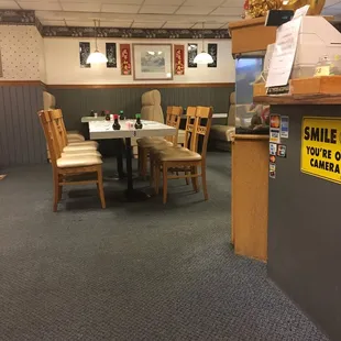 a table and chairs in a restaurant