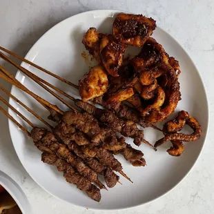 Lamb Skewers and grilled squid