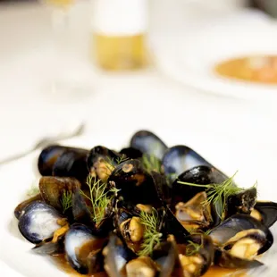 a plate of steamed mussels