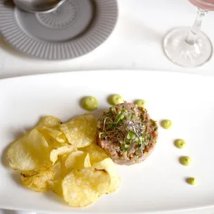 a plate of food and a glass of wine