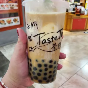 Ice Cream Milk Tea, Large, plus Big Boba. Haven&apos;t drank this in forever. Forgot to shake the drink before I put the straw in lol.