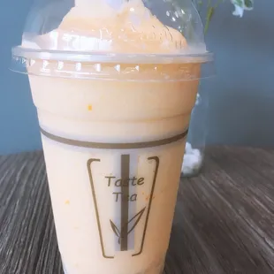 Passion fruit frappe with coconut jelly
