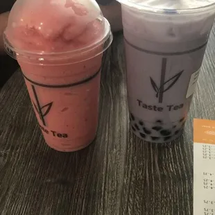 Regular strawberry frappe and large taro milk tea with bubbles