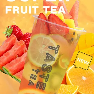 a bag of fruit tea and a pile of oranges