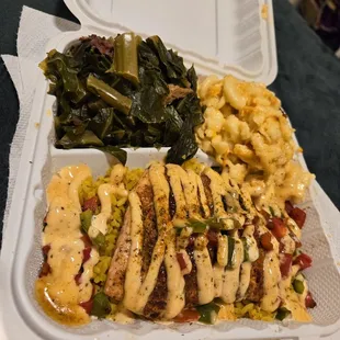 Grilled salmon platter with mac &amp; cheese and collard greens