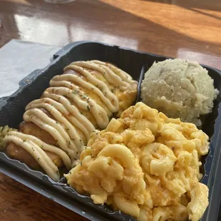 Stuffed catfish with crab meat / mac and cheese / garlic mashed potatoes