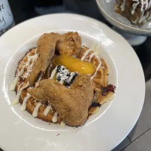 Peach and Blueberry Chicken and Waffles Special