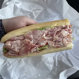 a person holding a sub sandwich