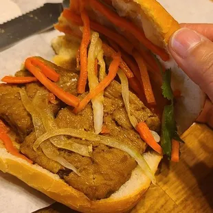 The inside of my tofu banh mi