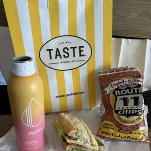 Northender sandwich, route 11 chips and a sparkling water