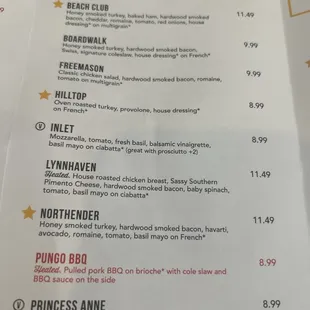 Sandwich menu