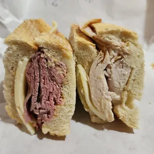 (left) BAYVILLE FARMS: Roast beef, Havarti, hot house dressing on French | (right) HILLTOP: Turkey, provolone, house dressing on French