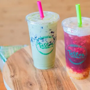 Left to Right: Matcha Milk Tea and Peach Me Sweetea