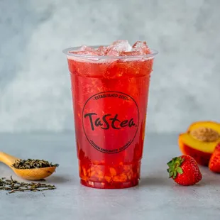 Peach Me Sweetea: Our signature peach and strawberry black tea with real fruit bits of both