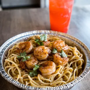 Shrimp Garlic Noodles and Strawberry Lemonade