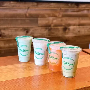 From left to right: Avocado Avalanche Smoothie, Jasmine Green Milk Tea, Cantaloupe Crush &amp; Matcha Milk Tea | IG: happyfoodieoc