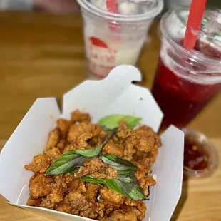 Karate Chicken, 7/10. Peach Me Sweetea, 7/10. Milk tea, 6/10, too milky not enough tea