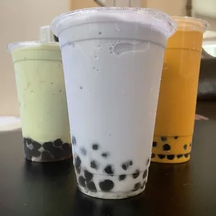 Left to right: Creamy Avocado Snow, Taro Snow, Thai Tea Snow