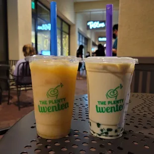 Yummy Gummy slushie (left) and Jasmine Milk Tea (right).  slushie was refreshing, but tea was overly bitter.