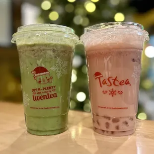 Matcha Strawberry w/ longan bits, Strawberry Milk Tea w/ crystal boba