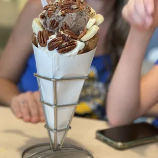 Bubble waffle ice cream with banana and pecan.