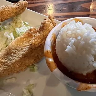 Cornet Restaurant fish fingers and crawfish etouffe, pretty good.