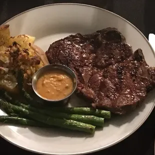 My Valentine Meal - Ribeye cooked to perfection, Asparagus, and baked potatoes.